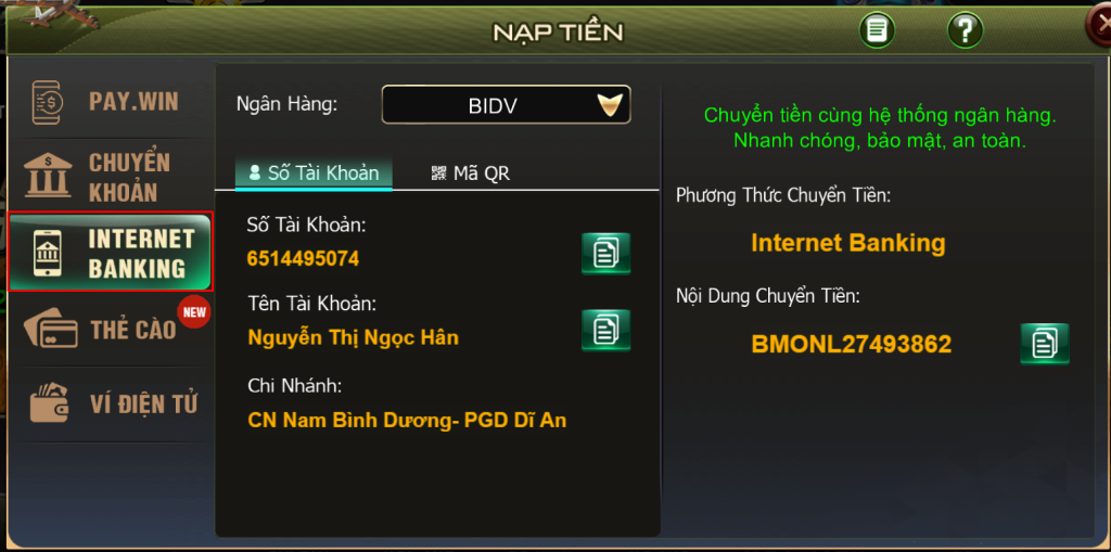 chọn Internet Banking