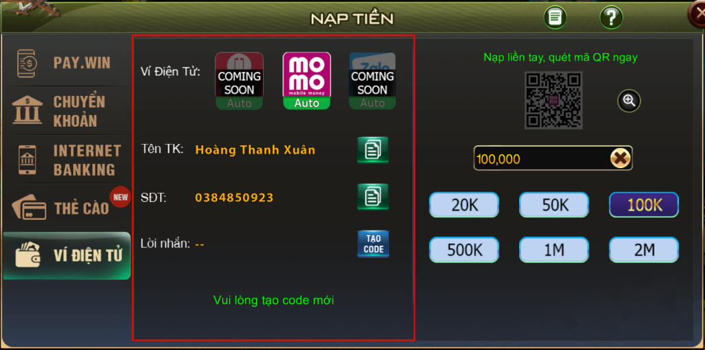 nạp tiền momo
